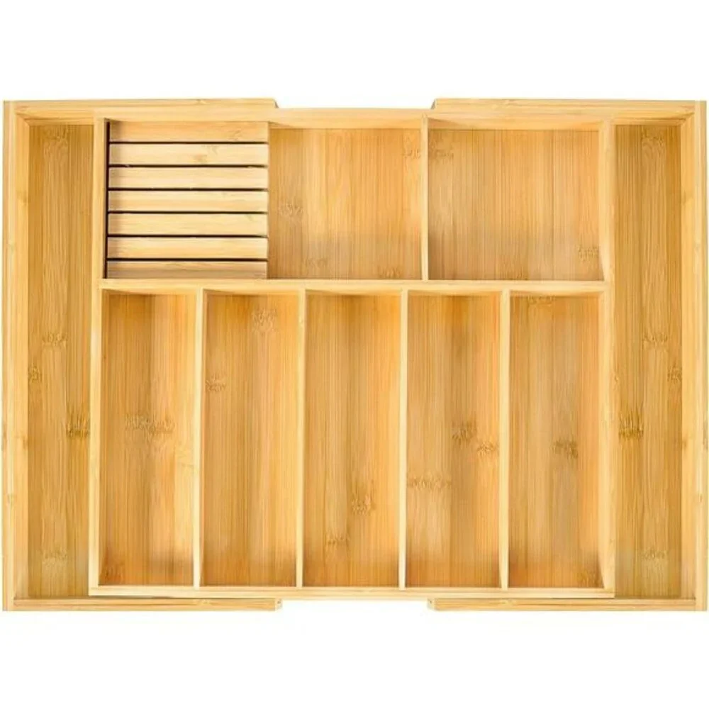Extra large bamboo silverware drawer organizer expandable utensil cutlery holder